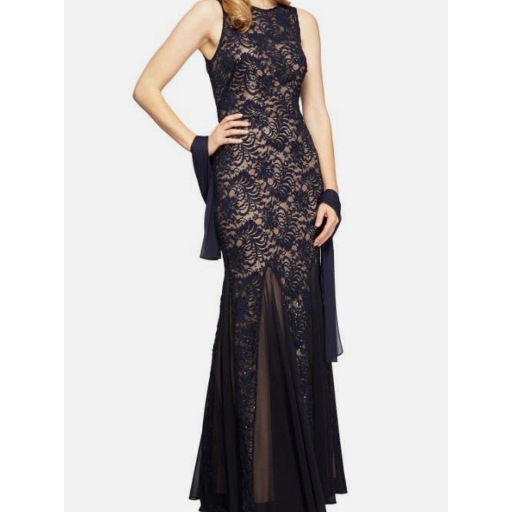 Alex Evenings Navy Blue Lace Sequin Mermaid Gown Dress Womens 16 Formal Wedding